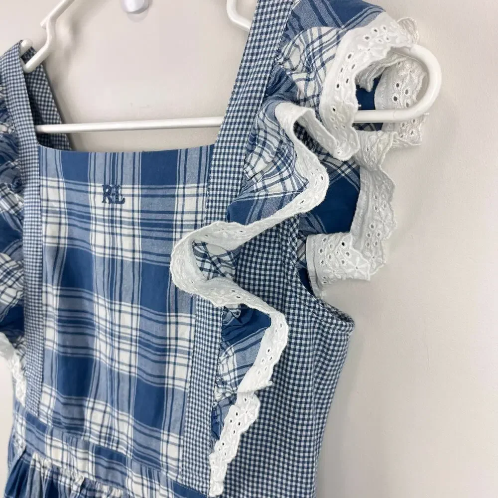 Ralph Lauren Girls Mixed Plaid Cotton Madras Dress Cottage White Blue 12